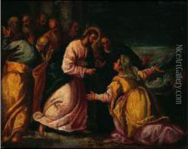 Le Christ Et La Femme Adultere Oil Painting - Ippolito Scarsella (see Scarsellino)