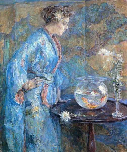 Girl in Blue Kimono Oil Painting - Robert Reid