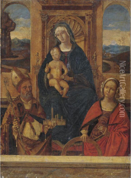 Madonna And Child Enthroned With Saints Petronius(?) And Catherine Of Alexandria Oil Painting - Bernardino di Bosio (see ZAGANELLI)