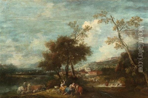 A River Landscape With Figures Resting Beneath A Tree Oil Painting - Francesco Zuccarelli