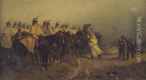 Soldiers On Horseback, With The Walking Wounded Nearby Oil Painting - Ernest Crofts