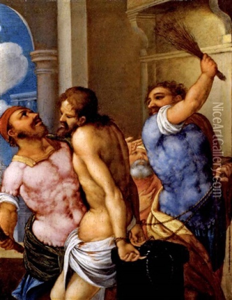 Christus An Der Geisselsaule, Von Folterknechten Gepeitscht Oil Painting - Jacopo Zucchi