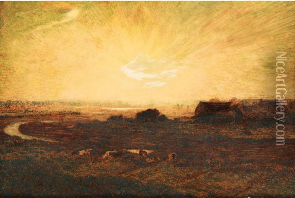 Soleil Couchant [; Sunset, Oil On Panel, Signed] Oil Painting - Rene Joseph Menard