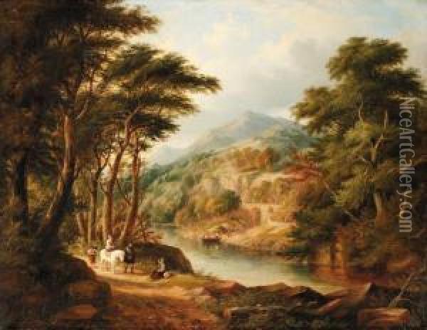 A Mountainous River Landscape With Travellers On A Path And A Ferryboat Beyond Oil Painting - Charlotte Nasmyth