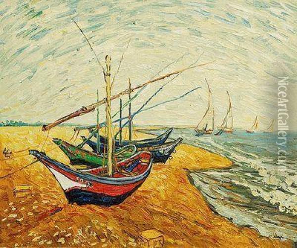 Fishing Boats On The Beach At Saintes-maries Oil Painting - Vincent Van Gogh