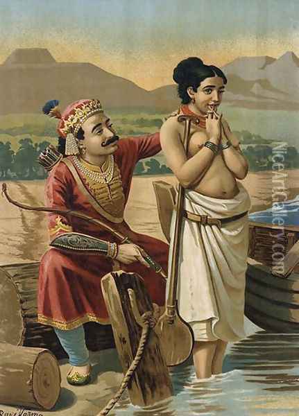 Shantanu and Matsyagandhi Oil Painting - Raja Ravi Varma