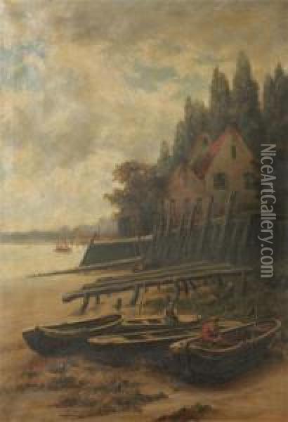 Fishermen In Sloops At The Waterfront Oil Painting - Prosper Van Luppen