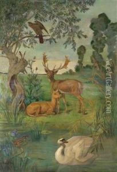 Tierische Landschaftsidylle Oil Painting - Wilhelm Steinsky