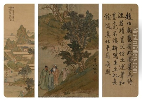 Personnages Evoluant Dans Un Paysage Lacustre Surplombe De Montagnes Et De Pagodes Oil Painting -  Qiu Ying