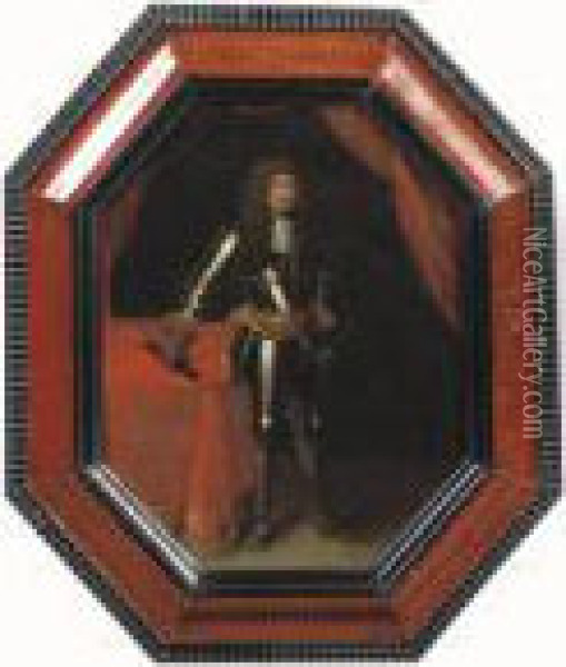 Portrait Of A Nobleman, Said To Be Ernst August, Herzog Von Braunschweig, Full-length, In Armour, Standing Beside A Draped Table Holding A Stick Oil Painting - Jacques Vaillant
