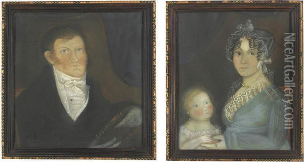 A Pair Of Portraits: A Gentleman And A Lady And Their Child Holding A Peach: Members Of The Aldrich Family Of Massachusetts Oil Painting - William Massey S. Doyle