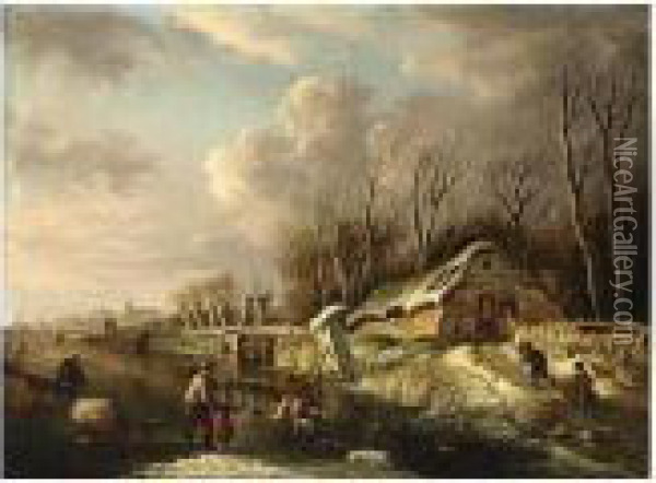 A Winter Scene With Skaters On A River, Two Children Sleigh Riding On A Oil Painting - Andries Vermeulen