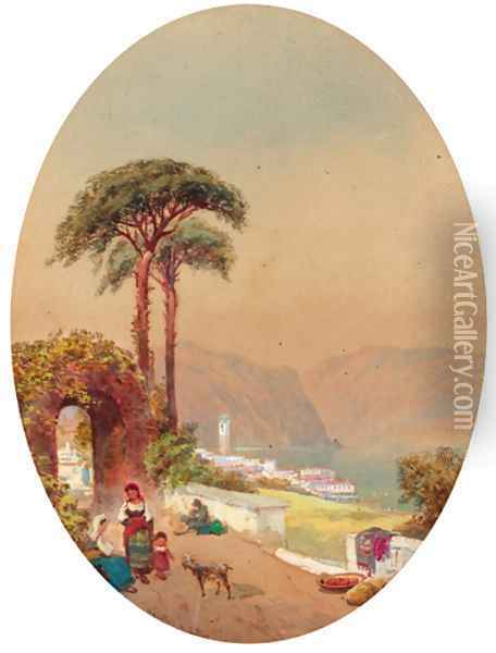 Figures on a track beside an Italian Lake Oil Painting - Charles Rowbotham
