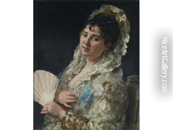 A Portrait Of A Spanish Lady With A Fan Oil Painting - Eduardo Leon Garrido