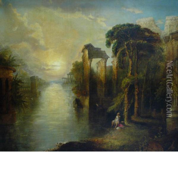 Figure In A River Landscapewith Classical Ruins Oil Painting - William Linton