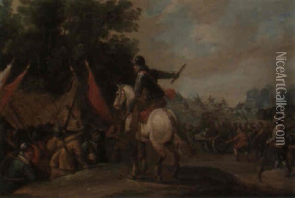 A Battle Scene With A Mounted Officer Directing His Troops Into Battle Oil Painting - Pieter Meulener