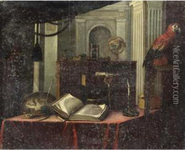 A Still Life With A Book, A 
Globe, A Candlestick And Other Objects, All On A Table, With A Parrot 
Standing On A Stone Ledge In The Foreground Oil Painting - Bartolomeo Bettera