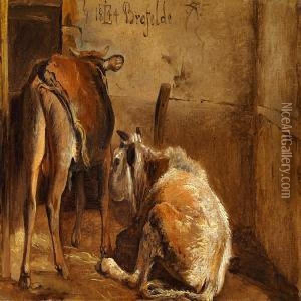 Two Cows In The Stable Oil Painting - Johan Thomas Lundbye