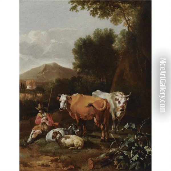 An Italianate Landscape With A Herdsman And His Cattle Resting Near A Tree Oil Painting - Abraham Jansz. Begeyn