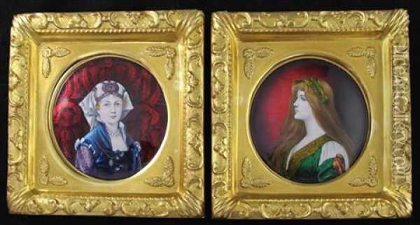 A Pair Of Limoges Enamel Art Nouveau Circular Portrait Plaques Oil Painting - Pierre Bonnaud
