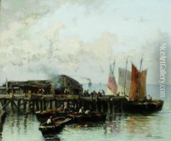 Barche E Pescatori Al Molo Oil Painting - Achille Dovera