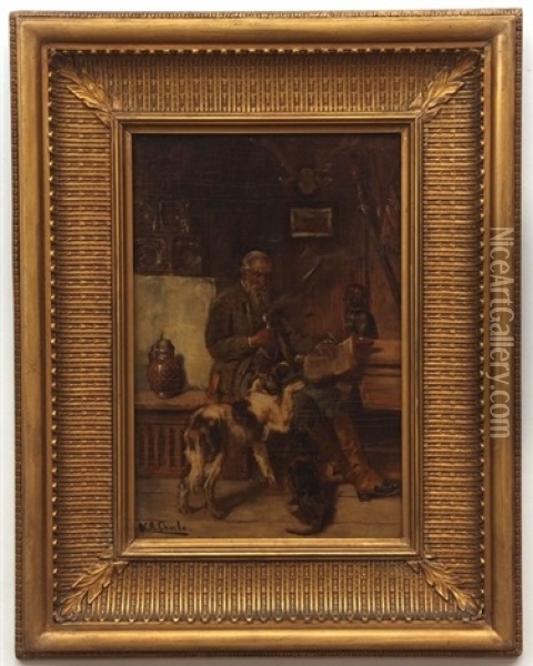 Interior Scene With Man And Dogs Oil Painting - Adolf Eberle