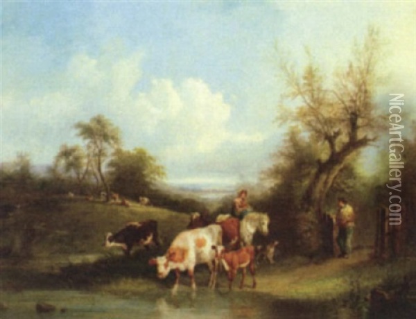 Peasants And Cattle By A Woodland Pool Oil Painting - Charles Shayer