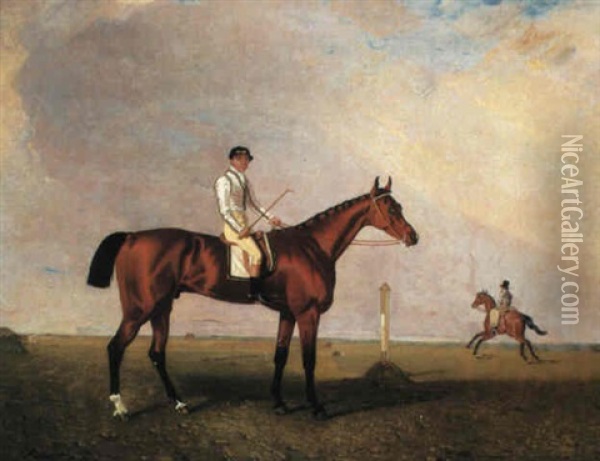 A Bay Racehorse With A Jockey Up On A Racecourse Oil Painting - Lambert Marshall