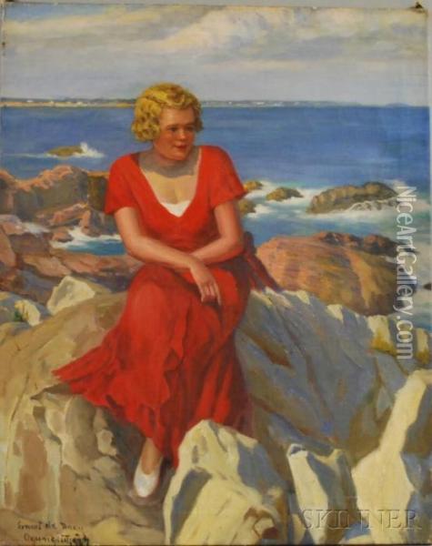 Woman Seated On A Rocky Shore, Ogunquit, Maine. Oil Painting - Ernest De Nagy