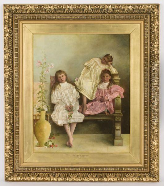 Three Young Girls With Flowers Resting On A Bench Oil Painting - Margaret Murray Cookesley