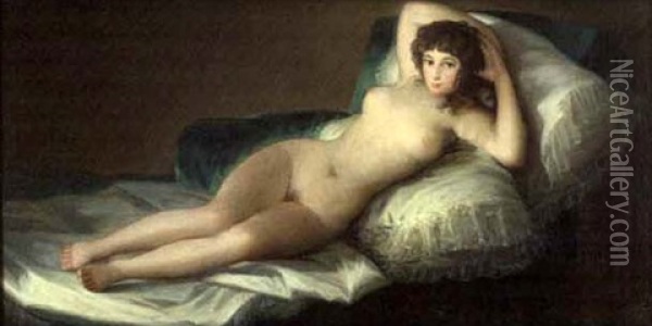 La Maja Desnuda (+ La Maja Vestida, Pair) Oil Painting - Francisco Goya