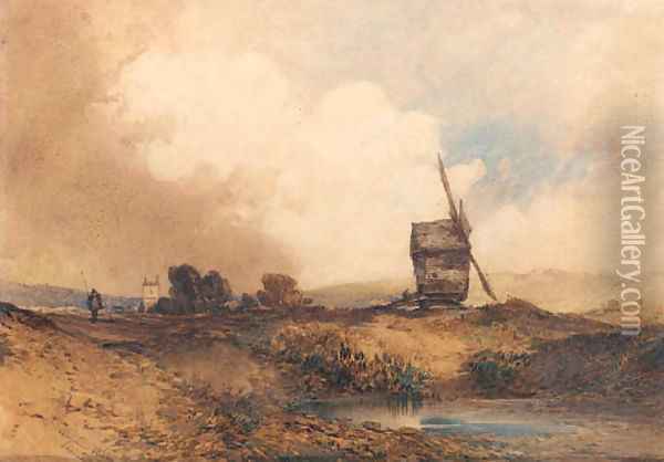 A windmill in a hilly landscape with a church beyond Oil Painting - William Callow