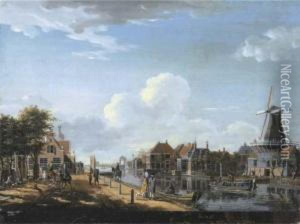 Amsterdam: The 't Spaarne Canal 
In Slooterdijk With The Ferryoffice And The Tollgate On The Left Hand 
Side Oil Painting - Isaak Ouwater