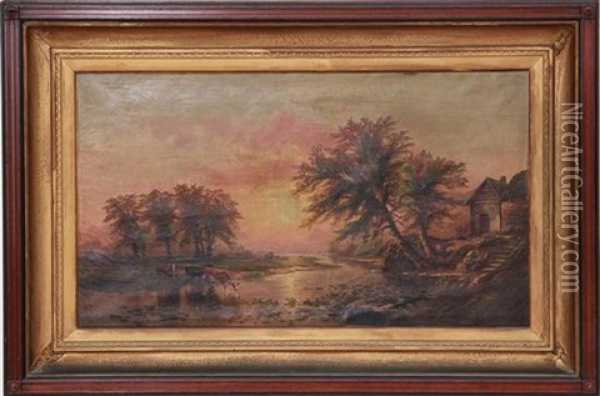 Cows In River Landscape Oil Painting - Samuel P. Dyke