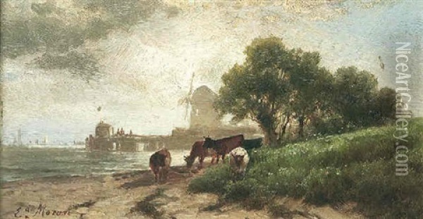 Cattle Grazing By The Shore With A Windmill Beyond Oil Painting - Edward Moran
