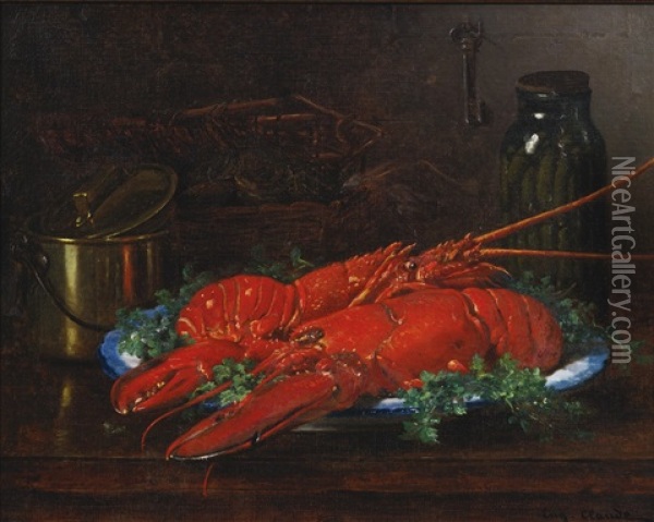Still Life Of A Lobster With A Copper Pot On A Ledge Oil Painting - Eugene Claude