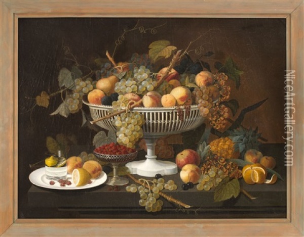 Opulent Still Life Of A White Compote Overflowing With Fruit Oil Painting - Severin Roesen