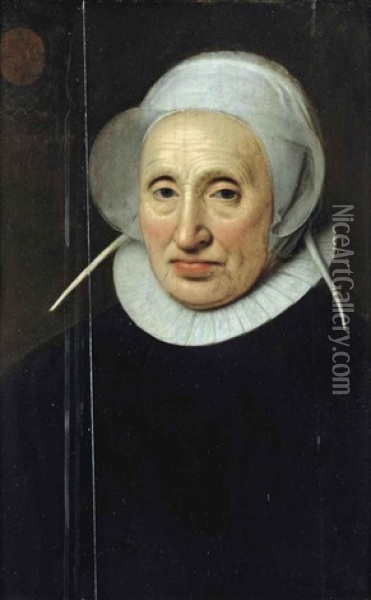 Portrait Of Cristina Brunt, Half-length, In A Black Dress With A White Collar And A White Lace Cap Oil Painting - Nicolaes Eliasz Pickenoy