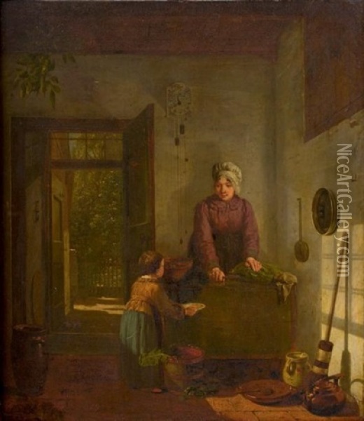 Droljeune Femme Et Sa Fille Dans Une Cuisine Oil Painting - Louise-Adeone Drolling