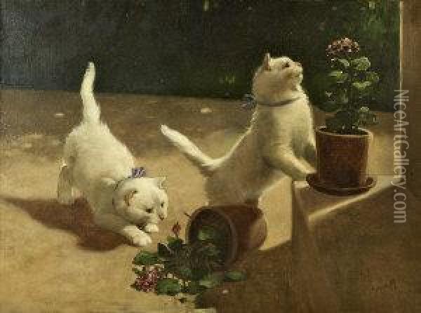 Two White Cats Playing, Having Knocked Over A Plant Pot Oil Painting - Arthur Heyer