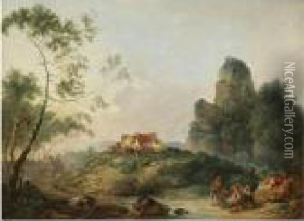 A Rocky Landscape With Herdsmen Resting Beside A Stream Oil Painting - Philip Jacques de Loutherbourg