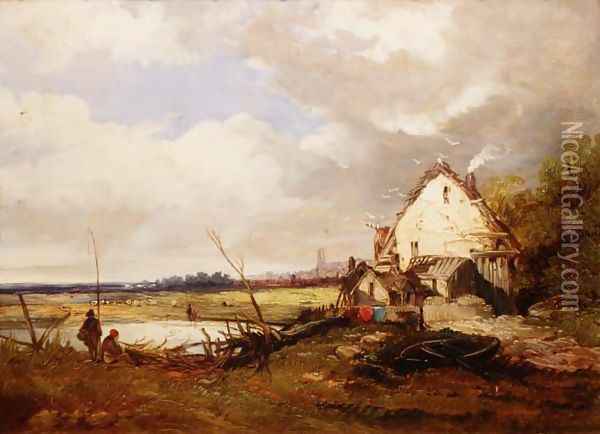 Anglers by a Cottage on a River Bank Oil Painting - James Holland