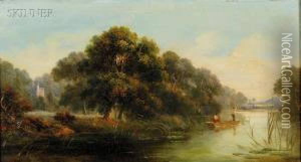 Punting Down The River Oil Painting - J. Mundell