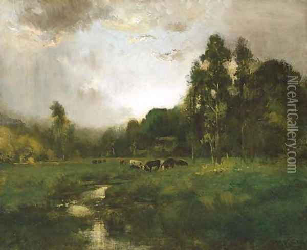 Cows Grazing in a Meadow Oil Painting - William Keith