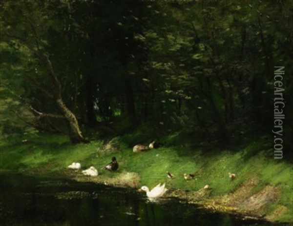 Enten Mit Kuken Am Bewaldeten Ufer Eines Teiches Oil Painting - Geo Poggenbeek