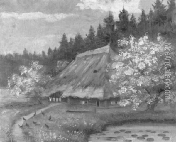 Gehoft Mit Teich Zwischen Bluhenden Baumen Oil Painting - Johann Othmar Doebeli