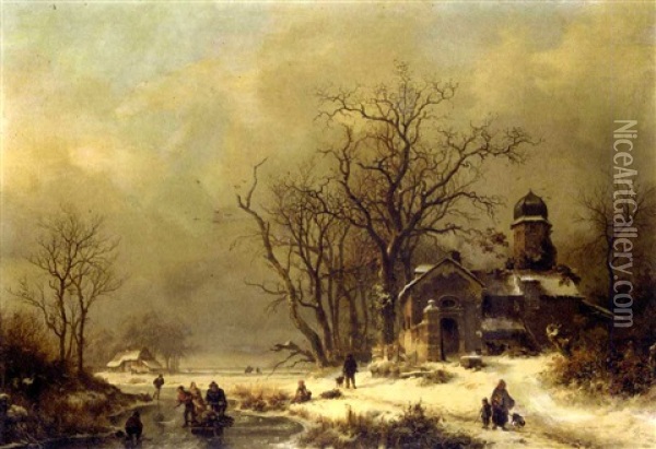 Figures In A Winter Landscape Oil Painting - Frederik Marinus Kruseman