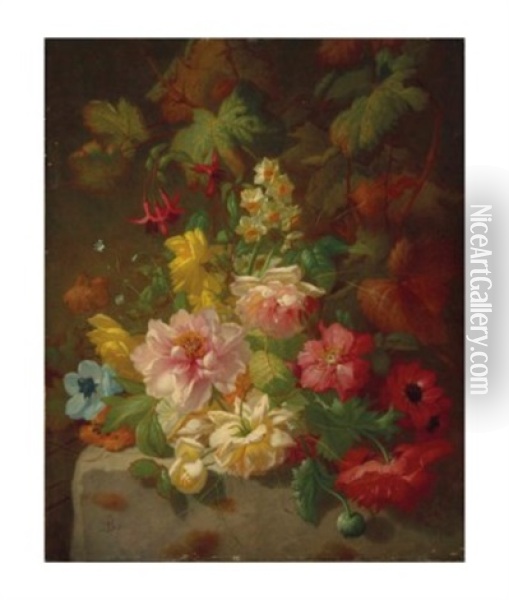 Nature Morte Aux Roses, Soucis Et Jonquilles Oil Painting - Arnoldus Bloemers