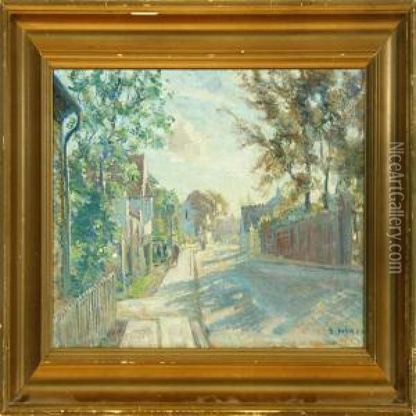 Borge Nyrop: Spring Street Scenery From A Danish Town. Signed B. Nyrop Oil Painting - Borge C. Nyrop