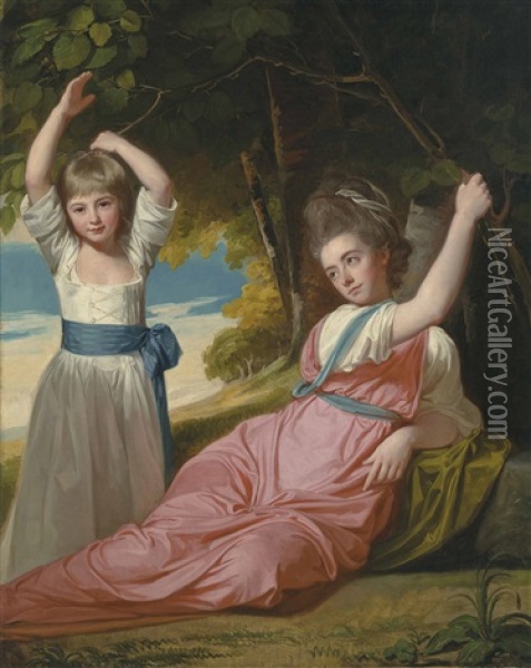 The Boone Children: Double Portrait Of Harriet (b. 1764), In A Pink Dress, Semi-recumbent, And Charles (b. 1774), In A White Dress With A Blue Sash, In A Landscape Oil Painting - George Romney